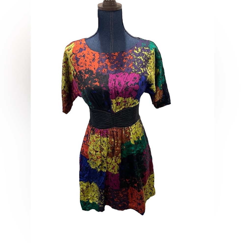 Trina Turk Fosse Shanghai Silk Mini Dress Rainbow Splatter Empire Waist